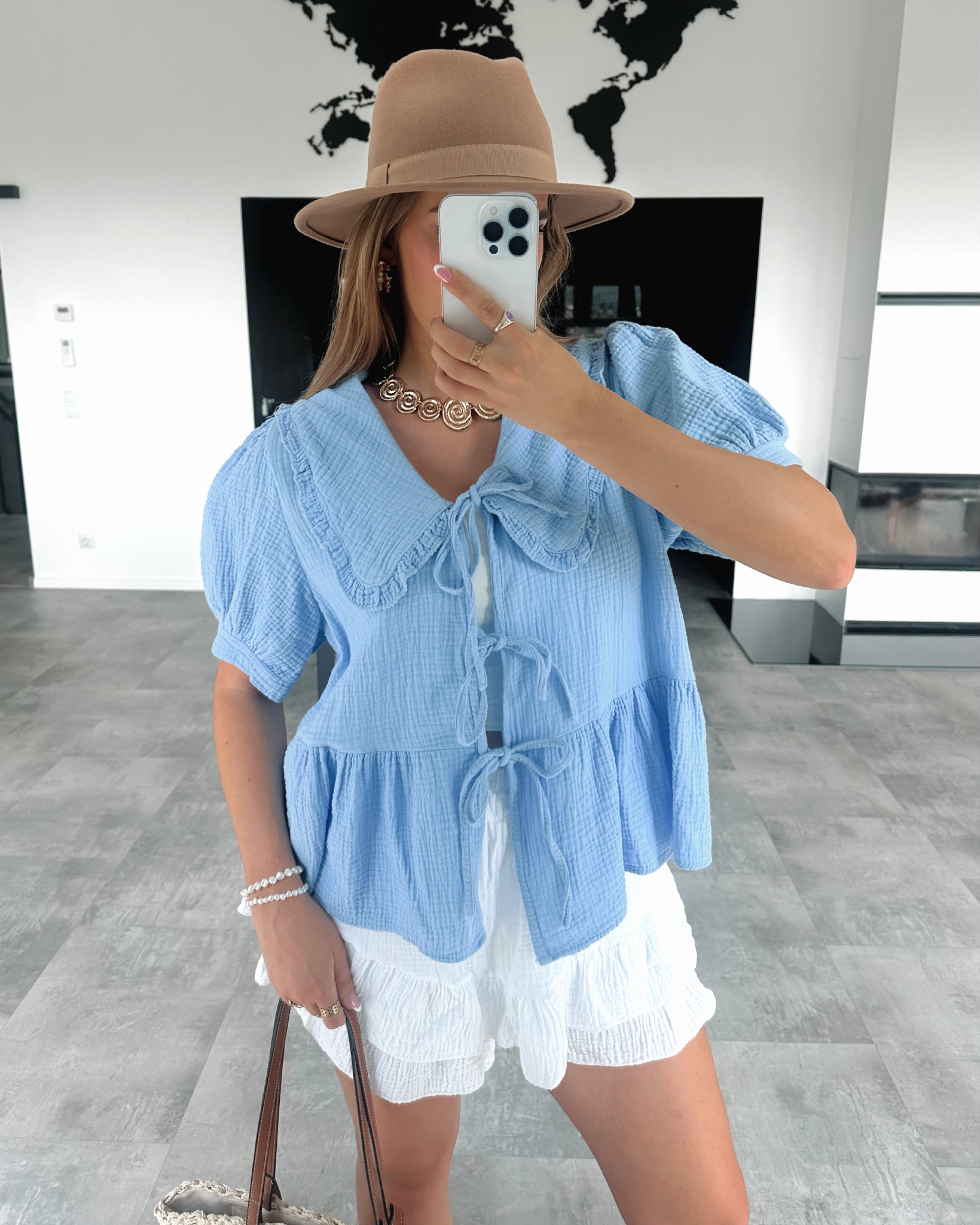 Musselin Knoten-Bluse "Jette" Hellblau