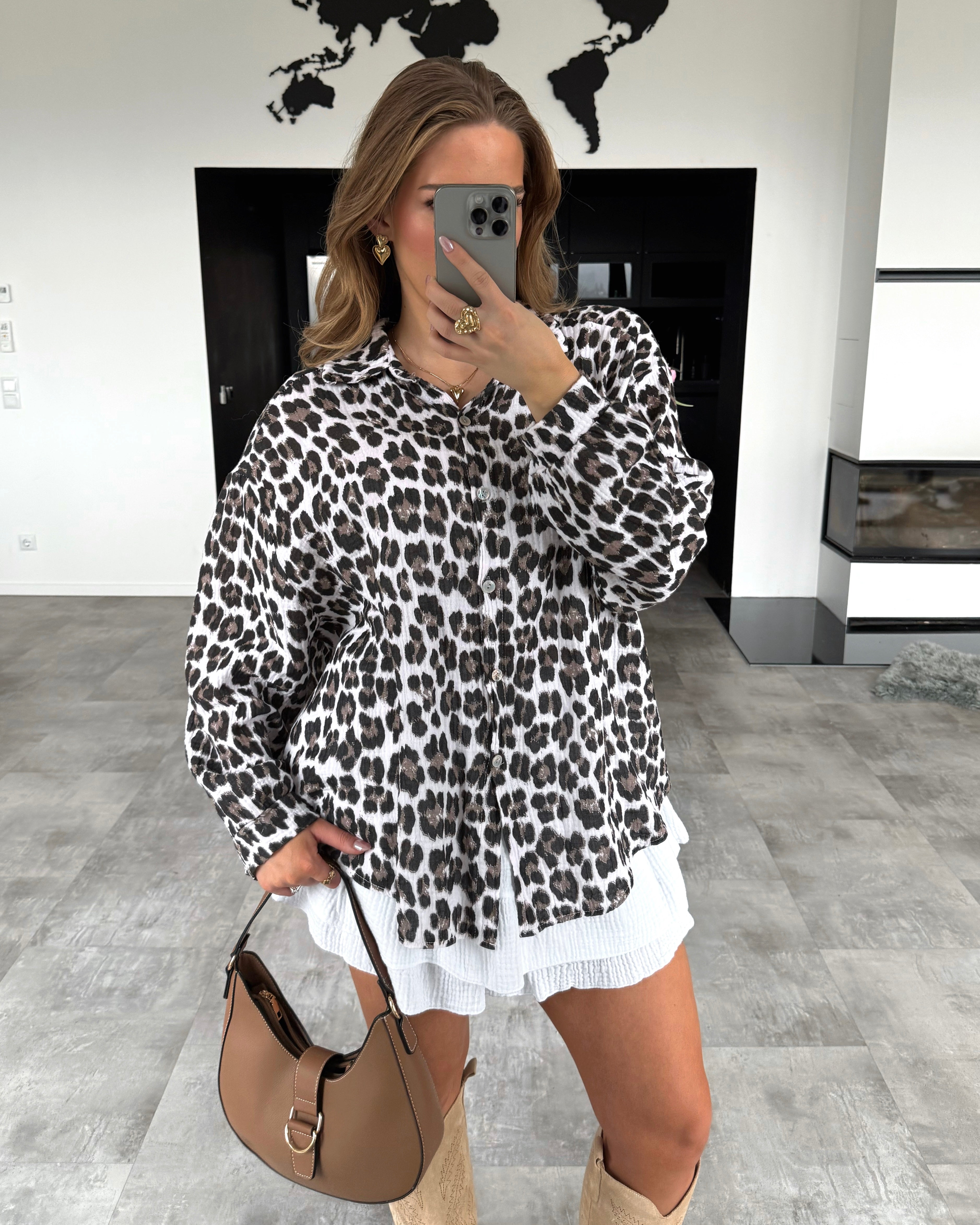 Musselin Bluse "Tara" Midi Leoprint Beige